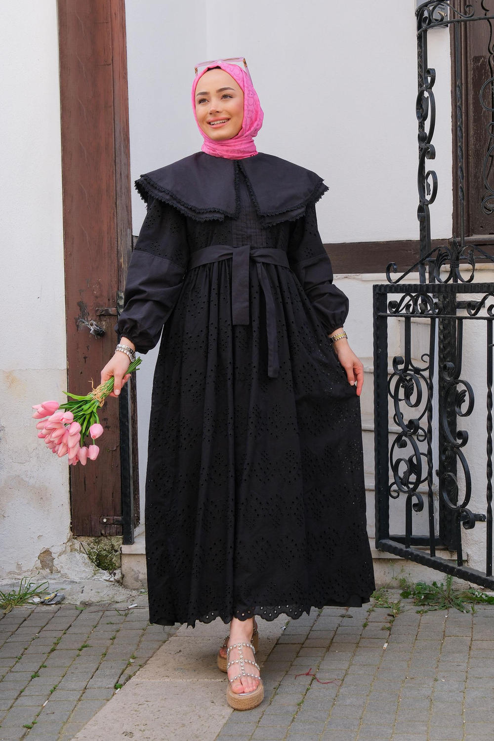 Bebe Yaka Dantel Detay Elbise  Siyah