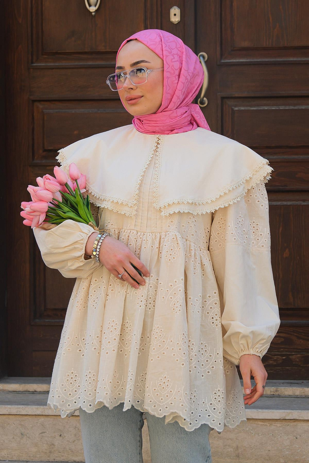 Bebe Yaka Dantel Detay Gömlek Krem