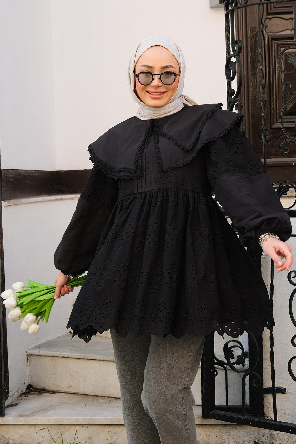 Bebe Yaka Dantel Detay Gömlek Siyah