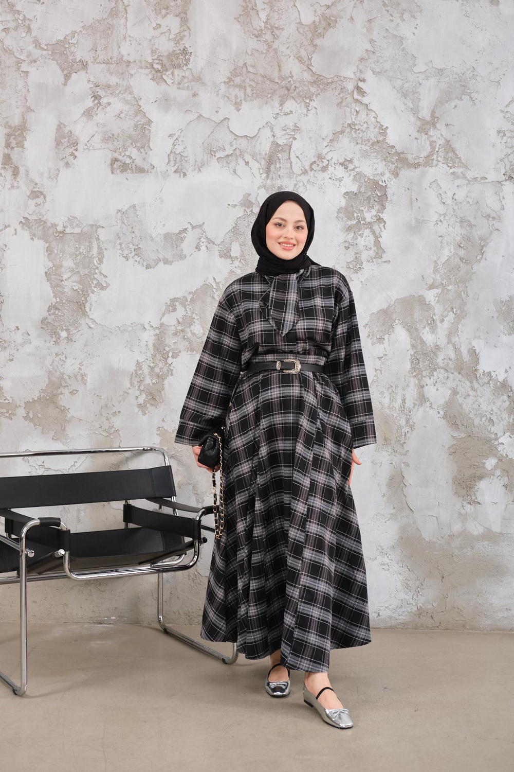 Bebe Yaka Ekose Desen Etekli Takım Siyah