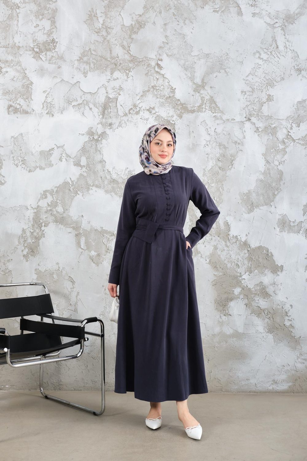 Bel Bağlamalı  Elbise Lacivert