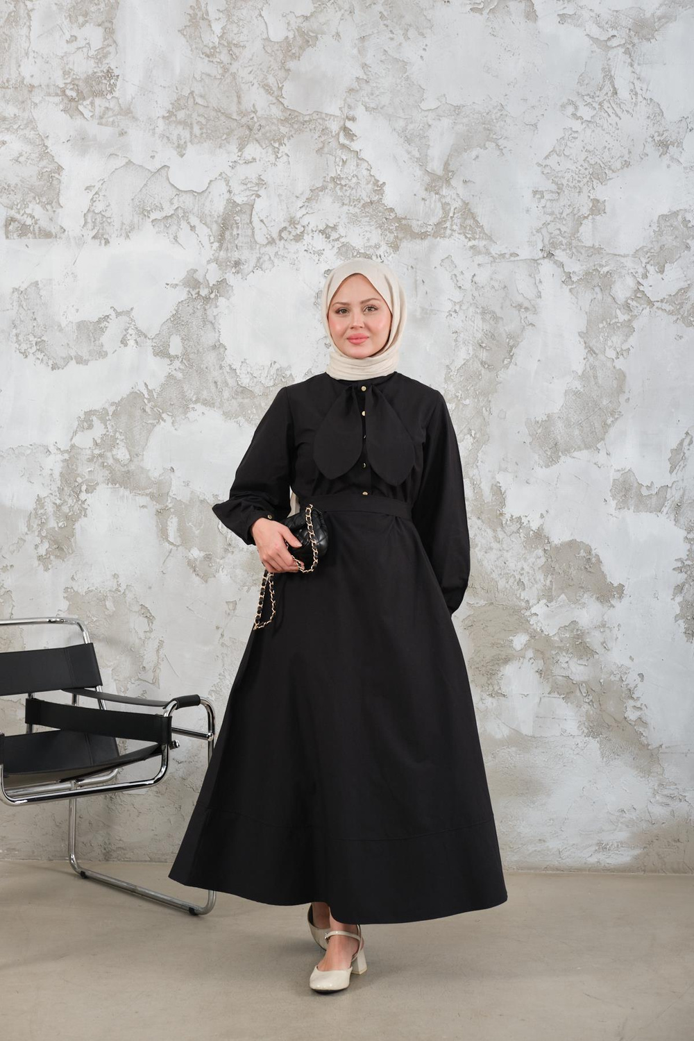 Bel Bağlamalı Elbise Siyah