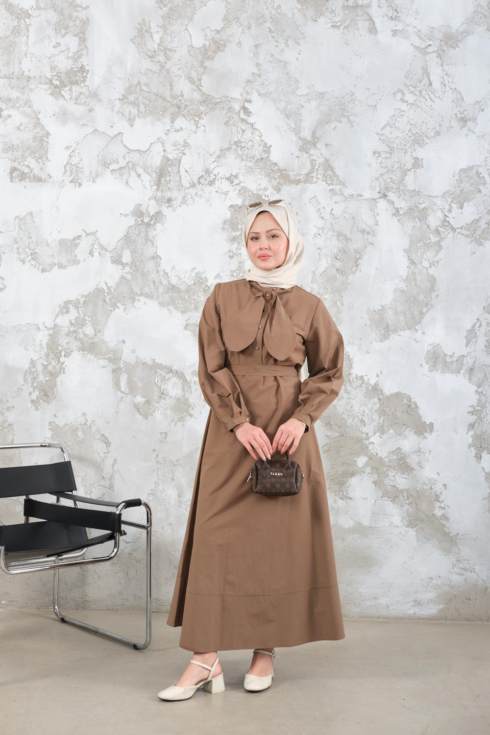 Bel Bağlamalı Elbise Vizon