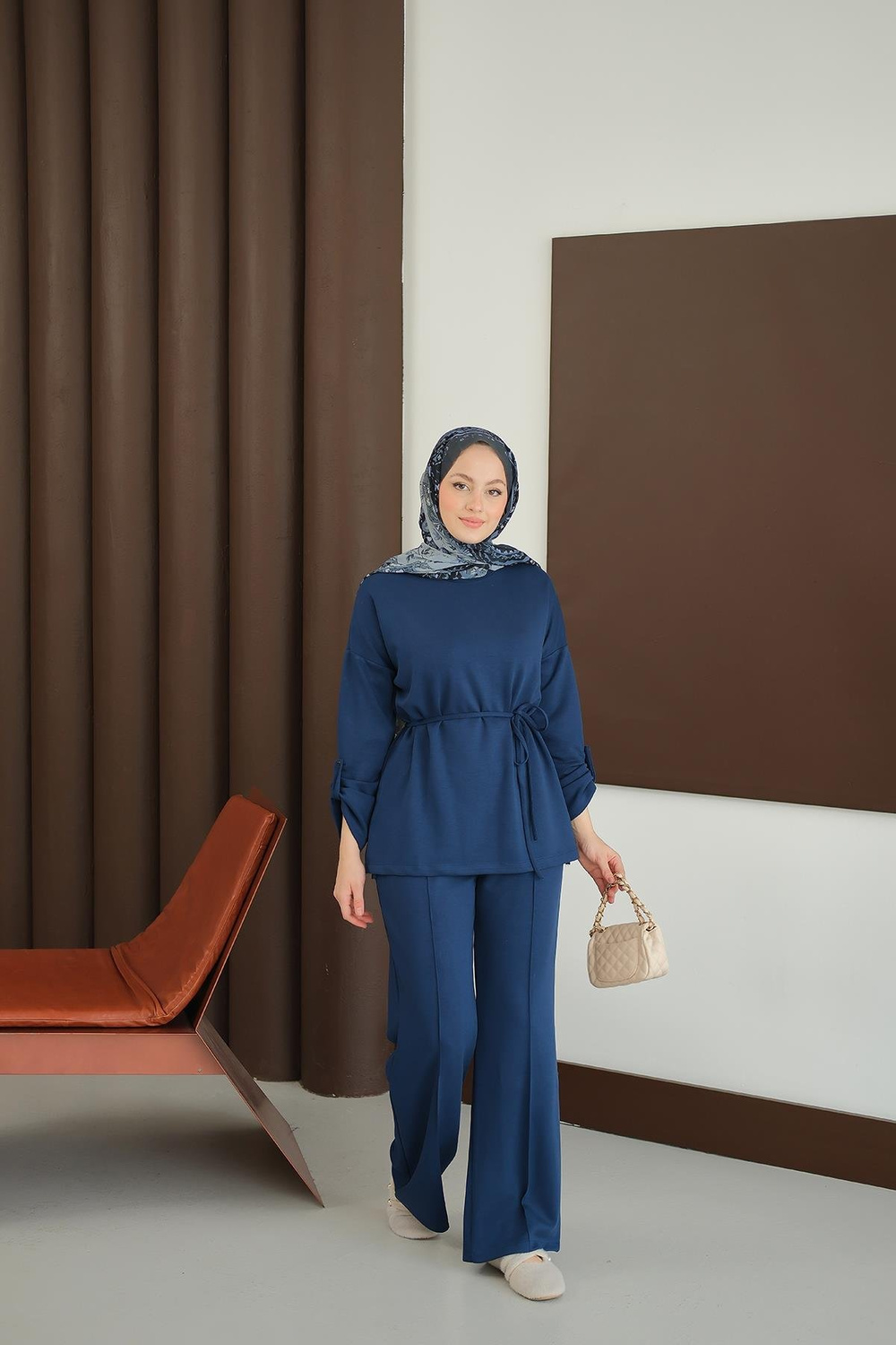 Bel Bağlamalı İkili Takım Saks Mavi
