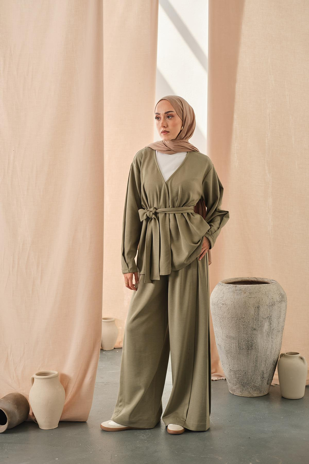 Bel Bağlamalı Kimono Takım Açık Yeşil