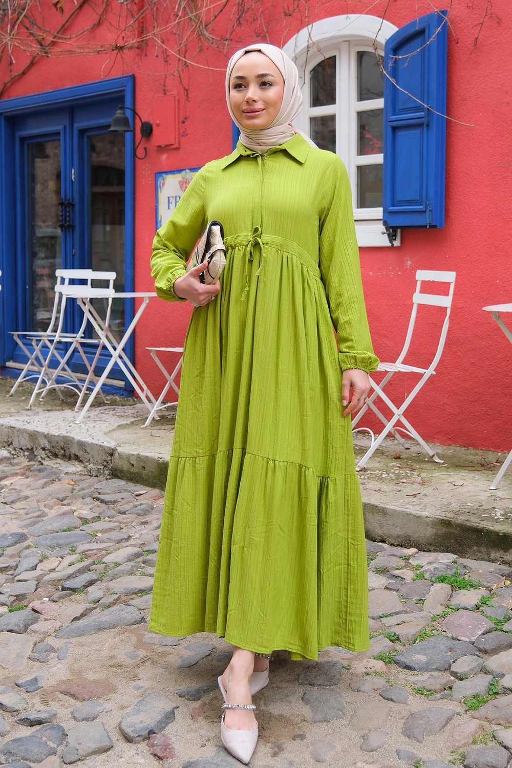Bel Büzgülü Elbise Fıstık Yeşili