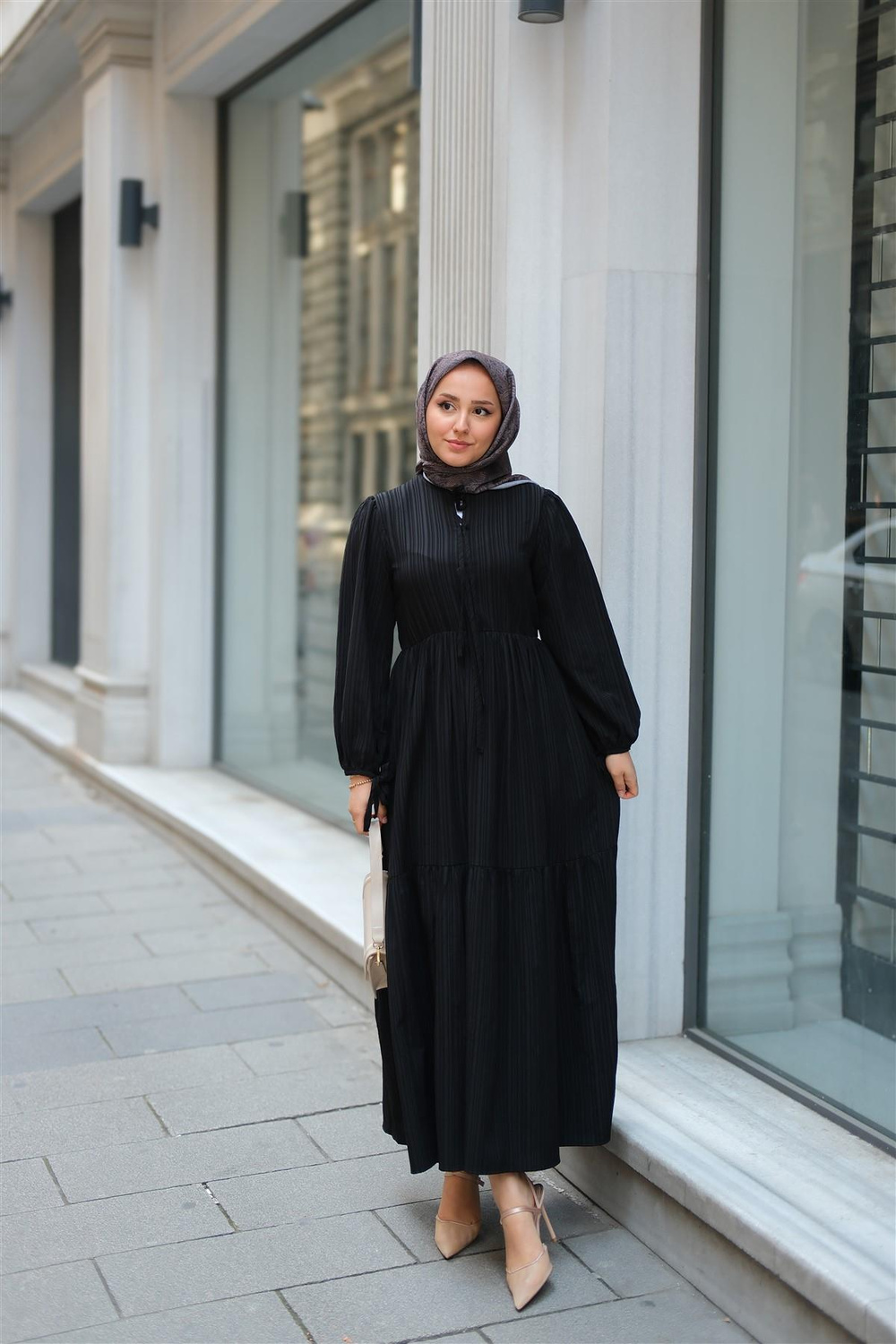 Bel Büzgülü Elbise Siyah