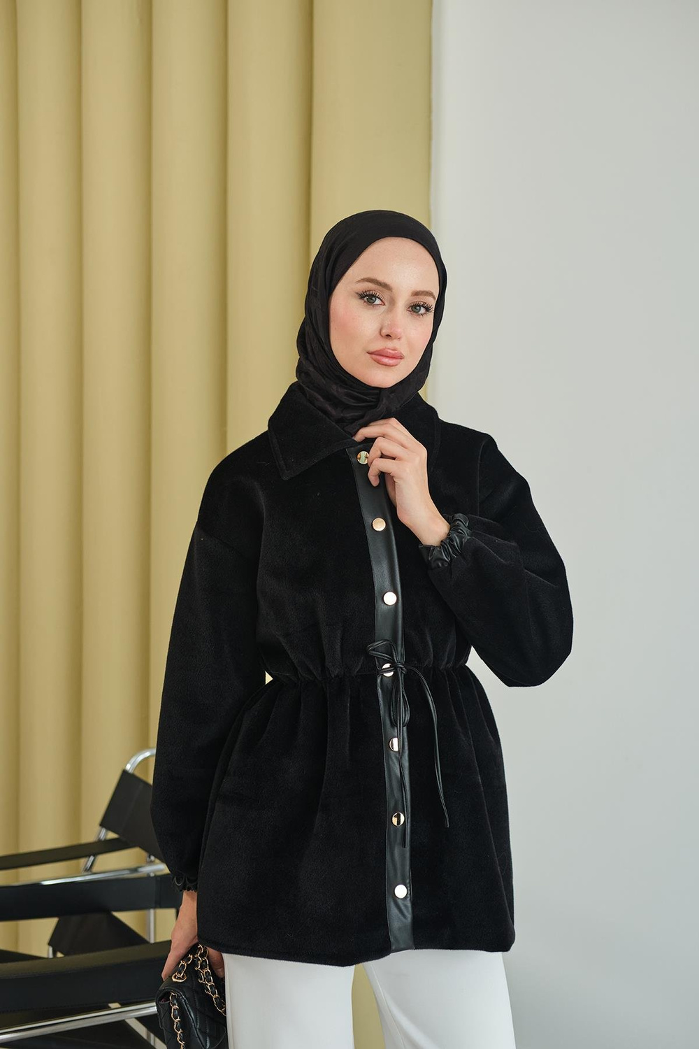 Beli Ayarlanabilir Gömlek Yaka Angora Ceket Siyah