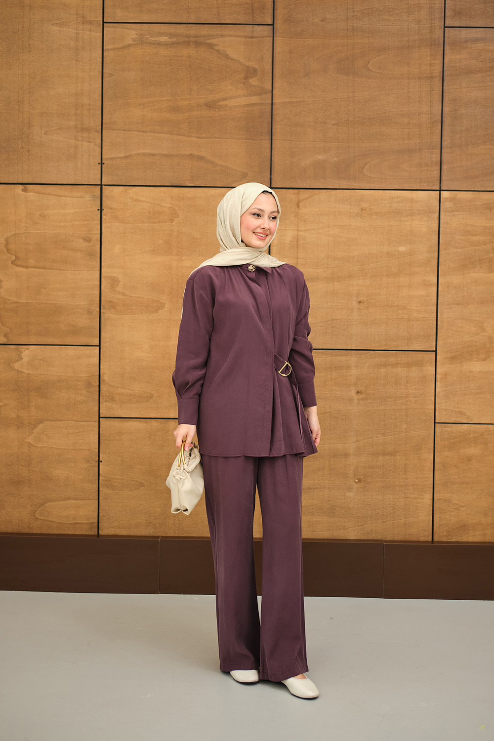 Beli Gold Kemer Detay Gömlek Yaka Takım Mor