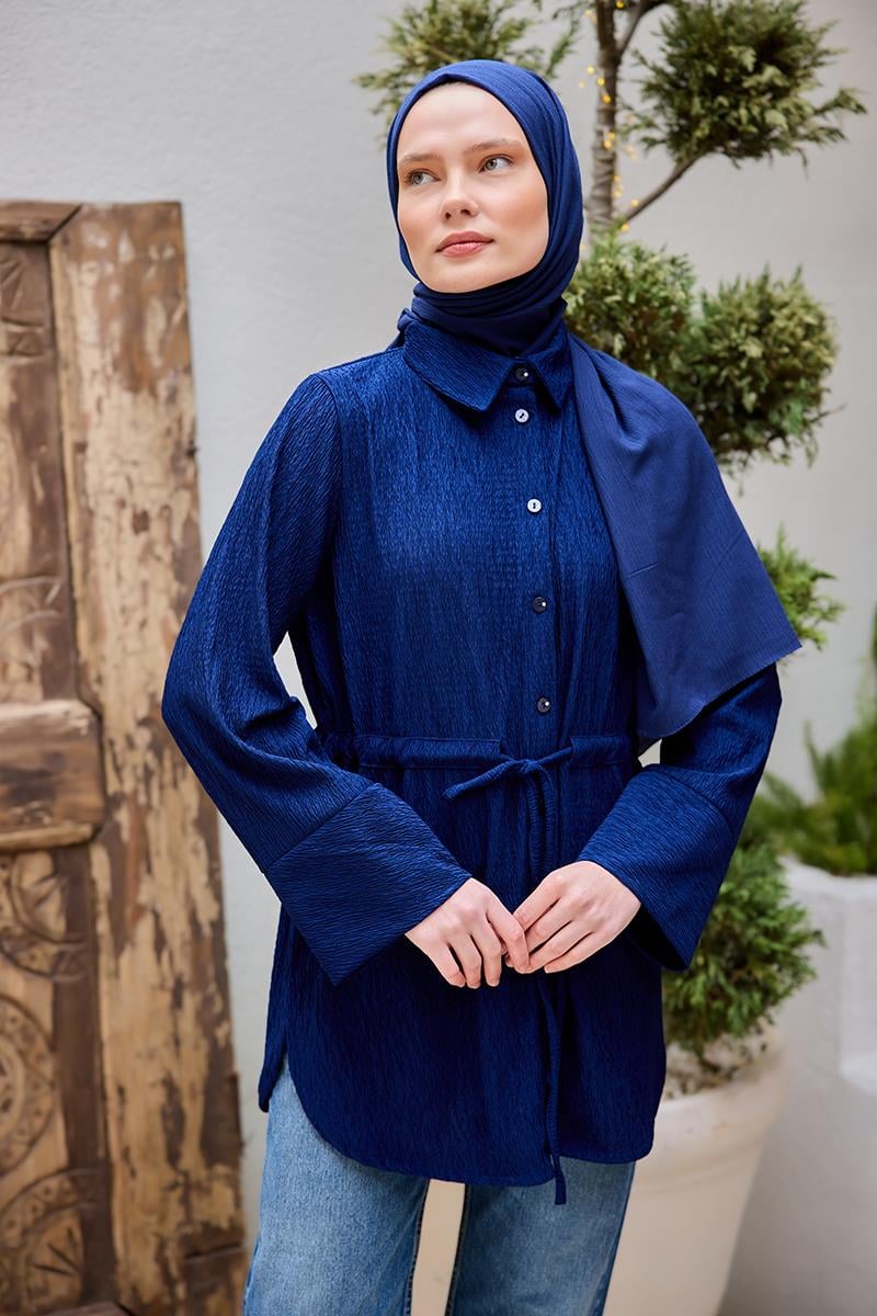 Beli Kemerli Damla Gömlek Lacivert