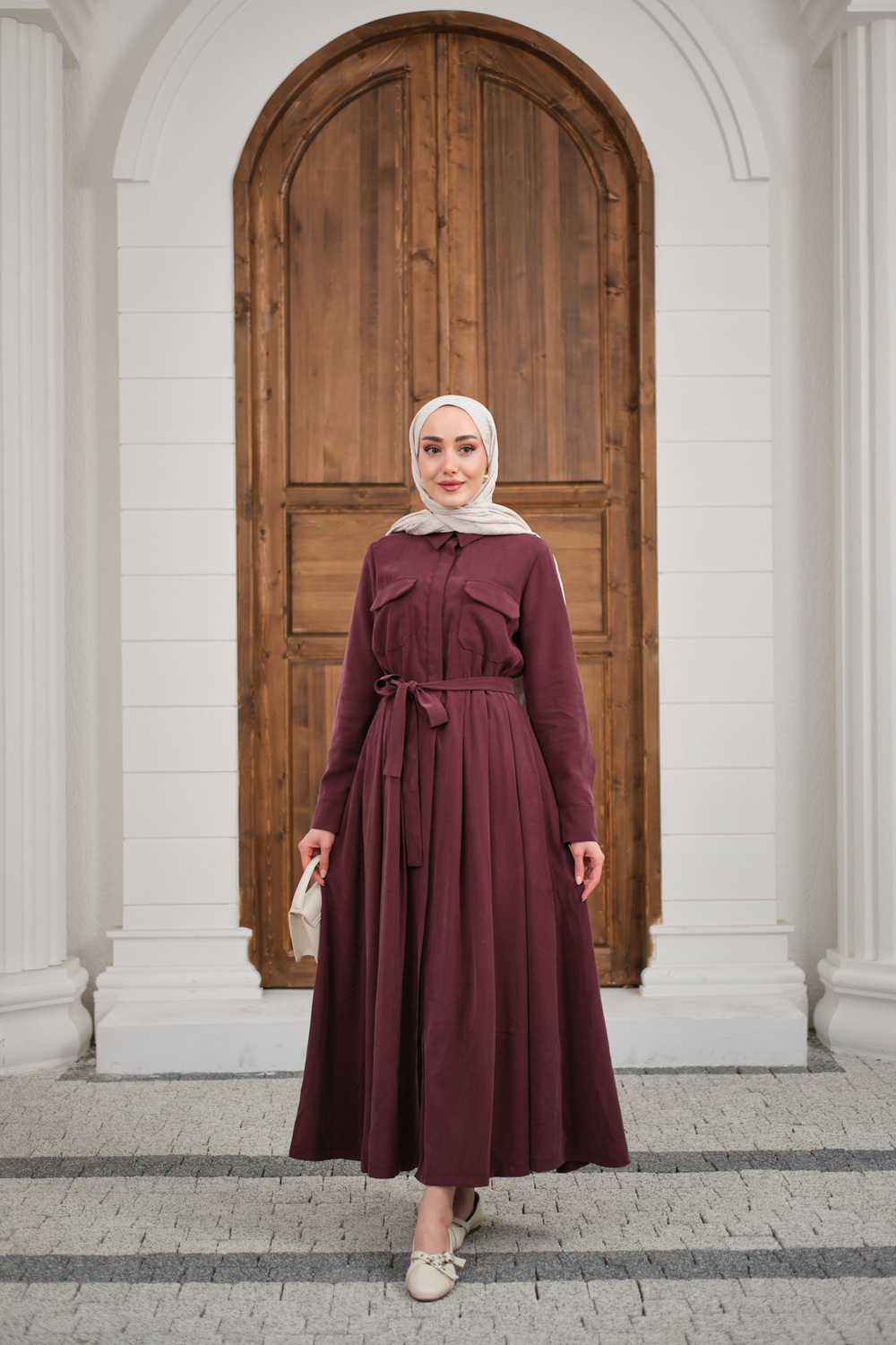 Beli Kuşak Detay Gömlek Elbise Bordo