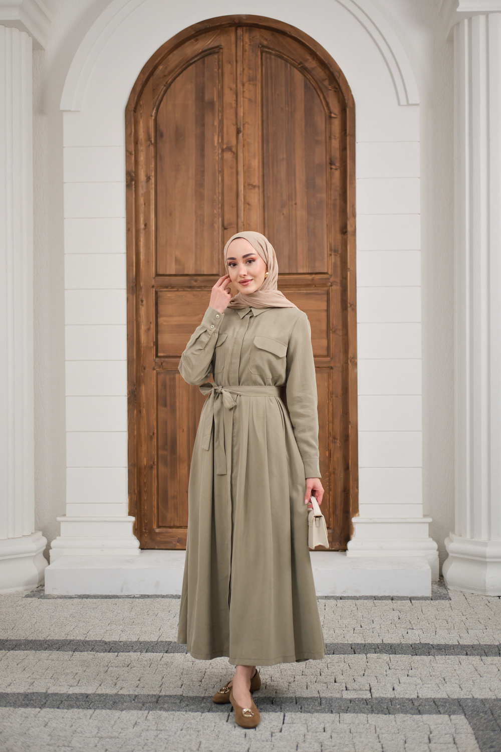 Beli Kuşak Detay Gömlek Elbise Küf Yeşil