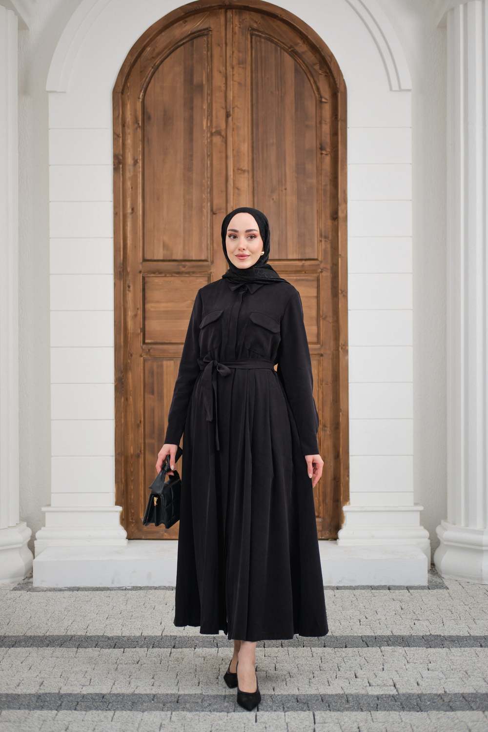 Beli Kuşak Detay Gömlek Elbise Siyah