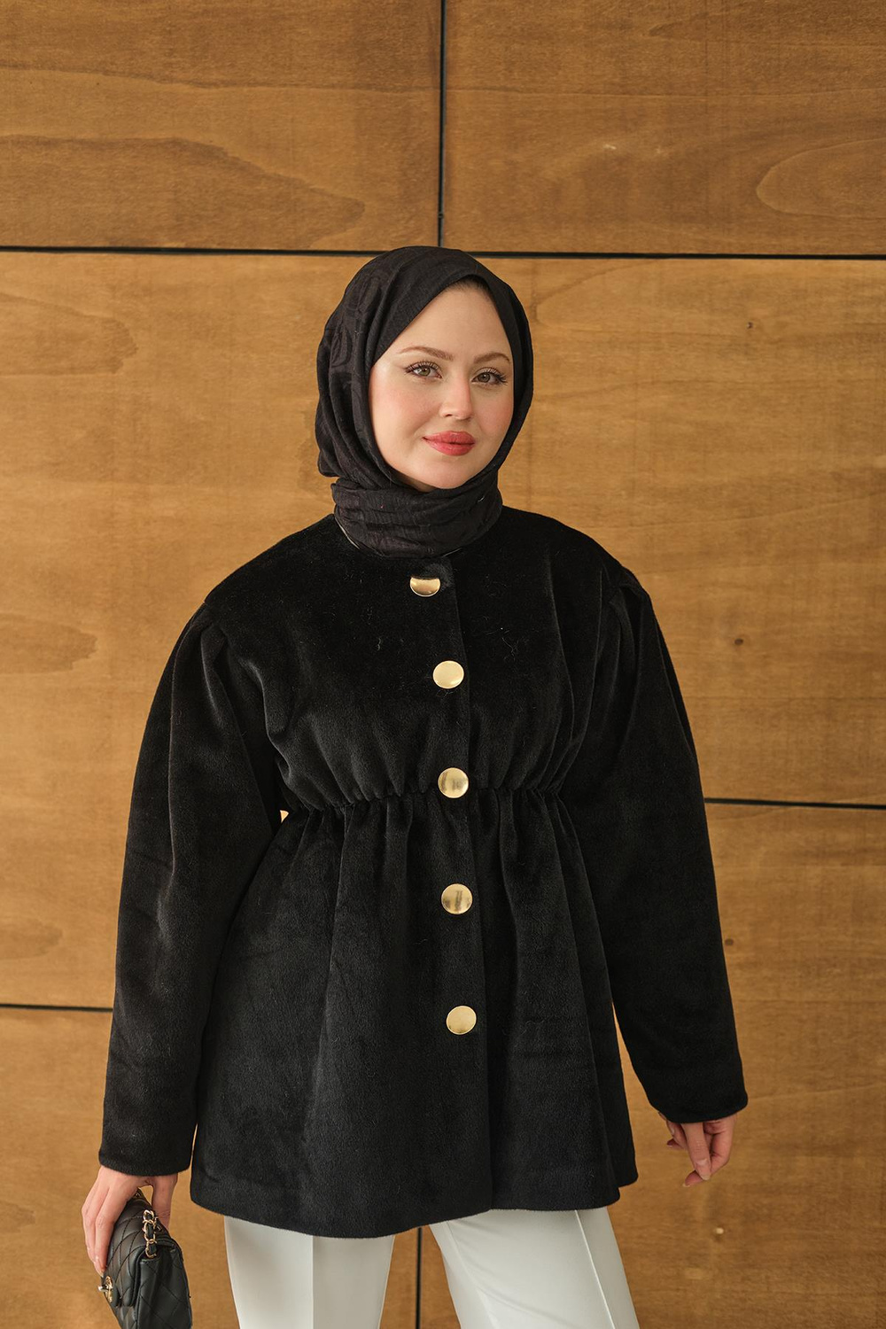 Beli Lastikli Angora Ceket Siyah