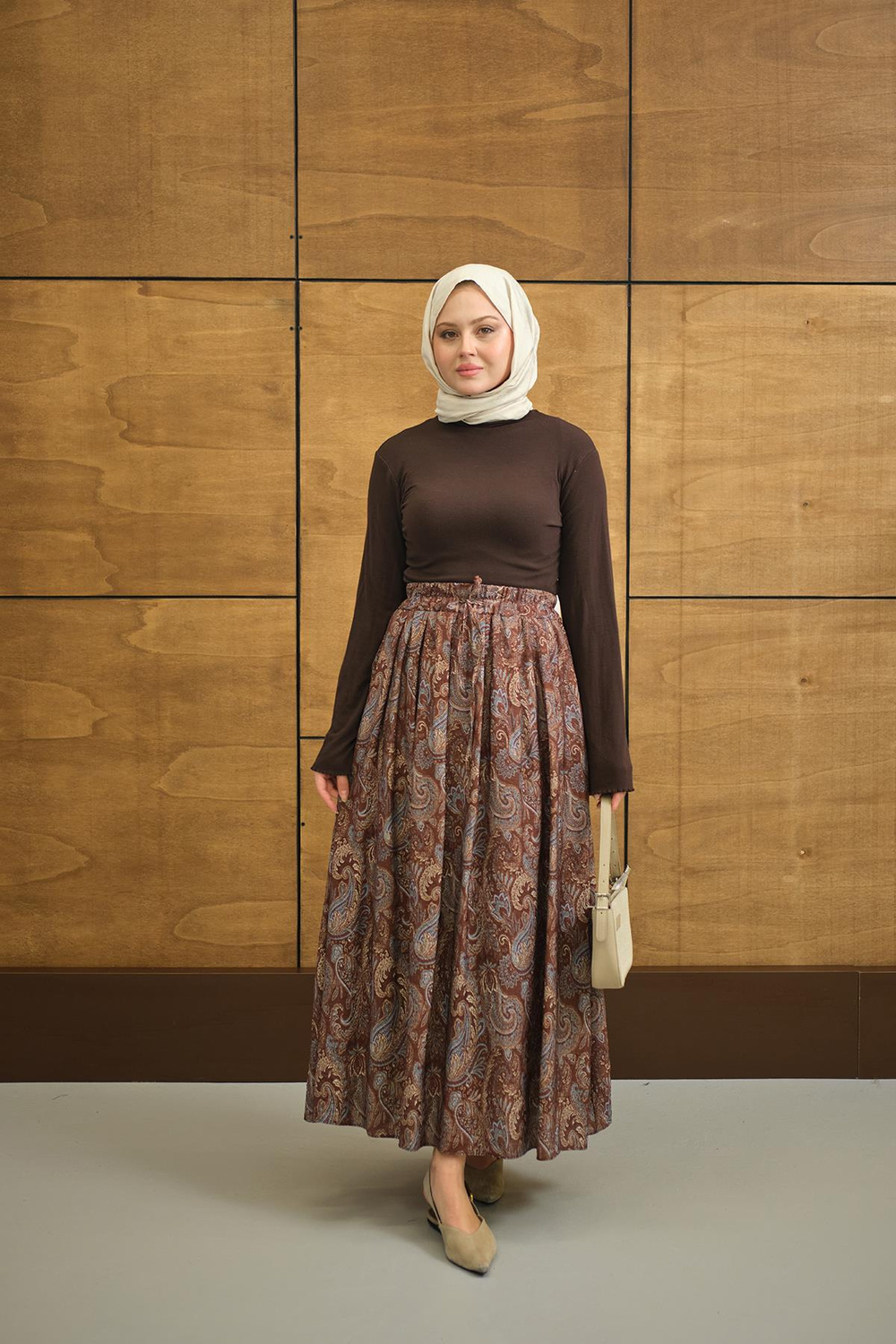 Beli Lastikli Cep Detay Etnik Desen Etek Kahverengi