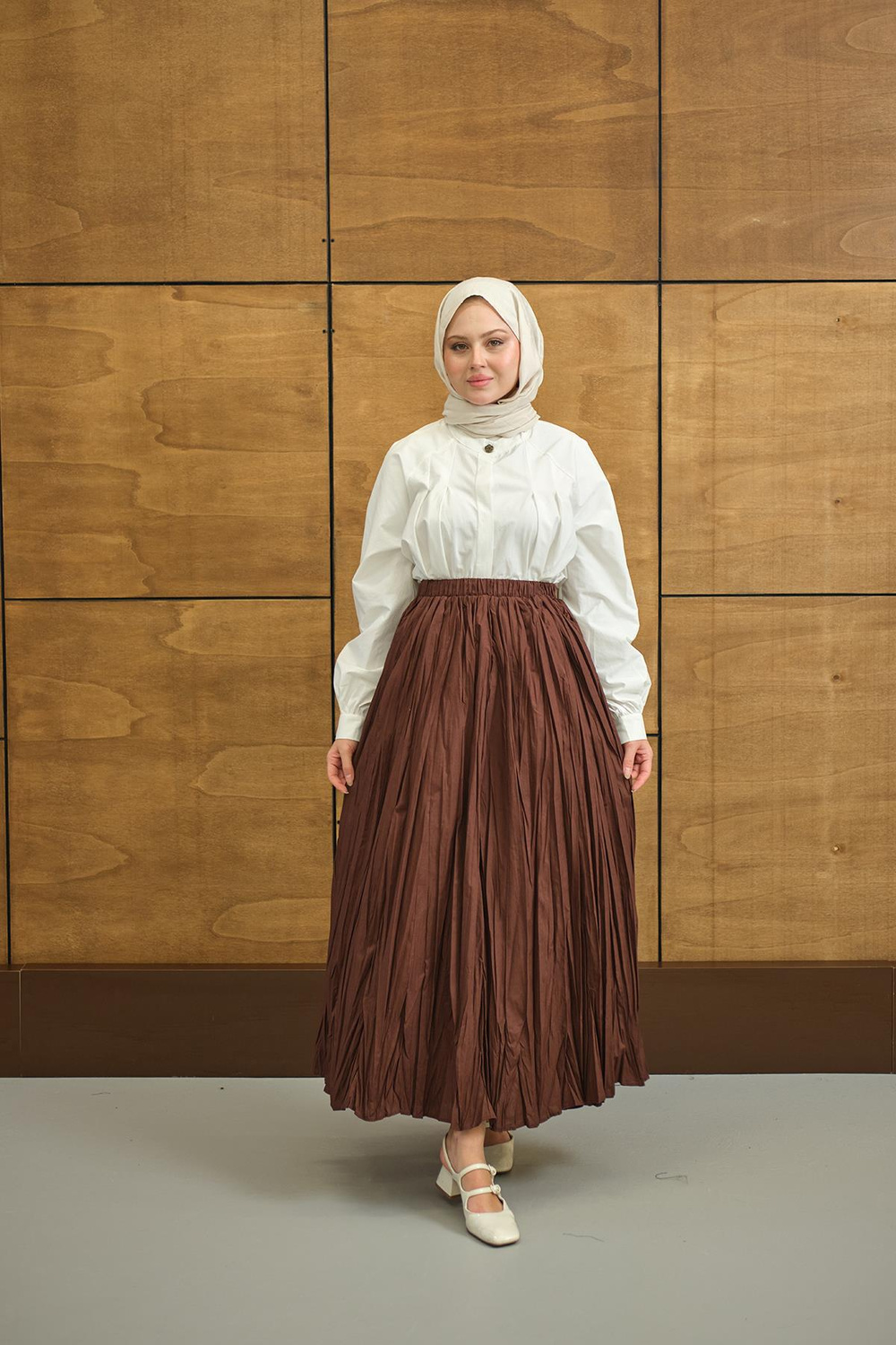 Beli Lastikli Kırışık Detay Etek Acı Kahve