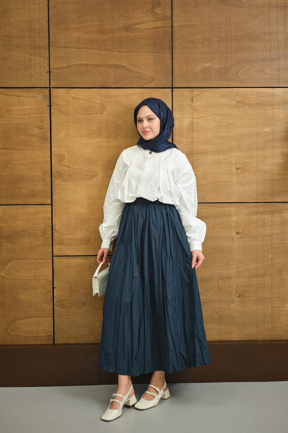 Beli Lastikli Kırışık Detay Etek İndigo Mavi