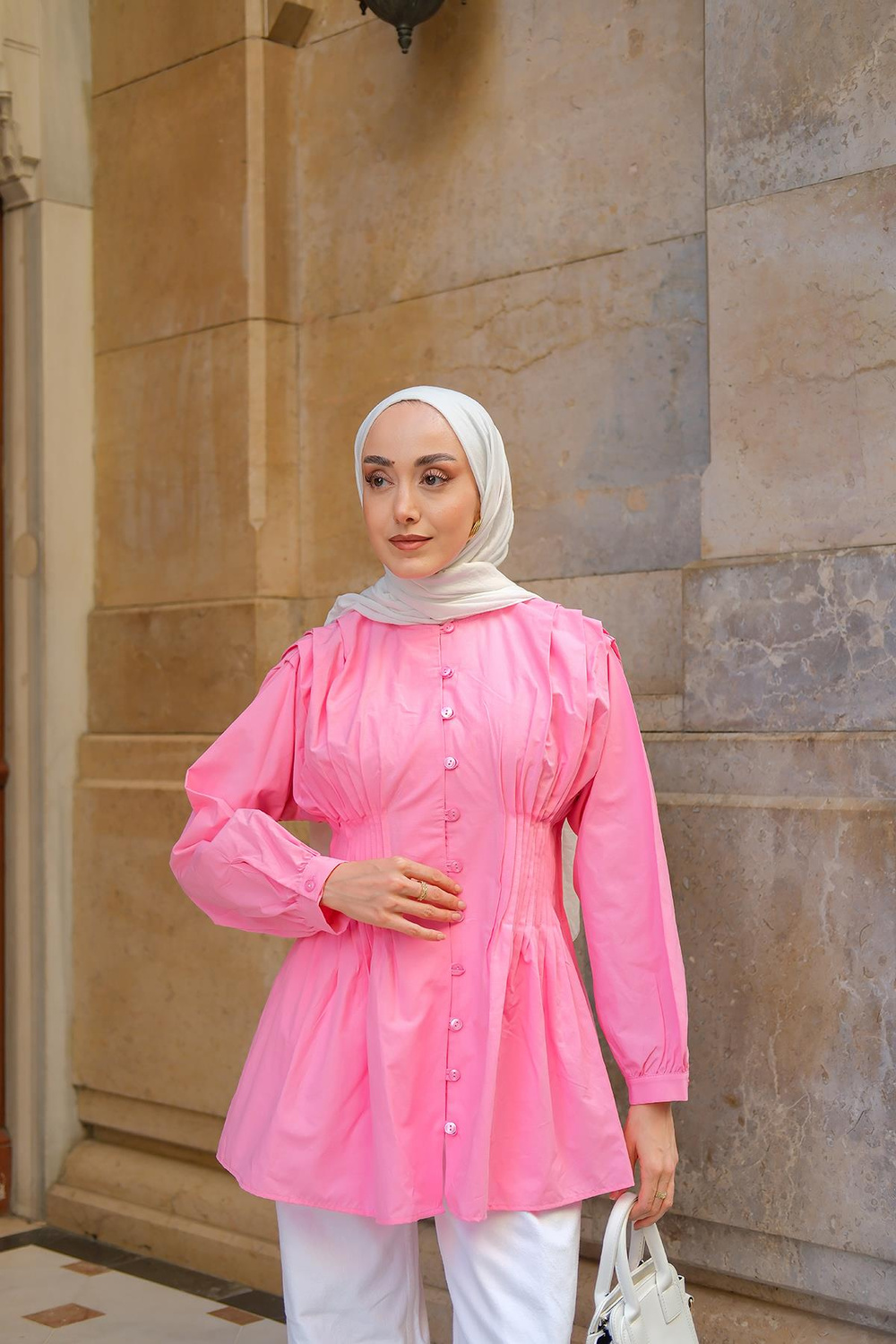 Beli Nervurlu Poplin Gömlek Pembe