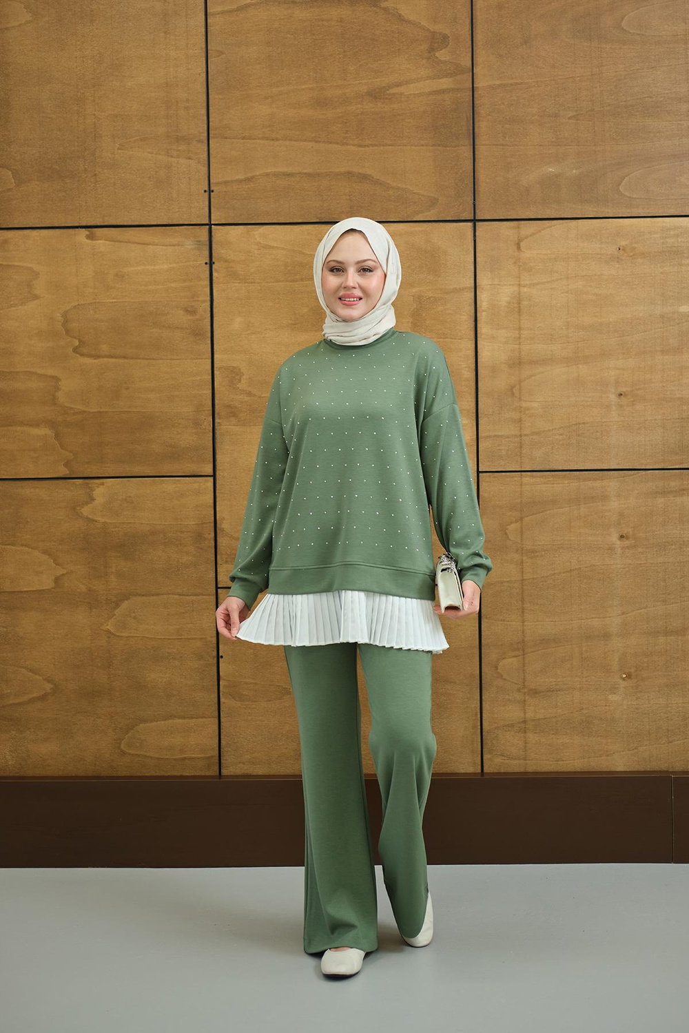 Beli Pileli Taşlı İkili Takım Yeşil