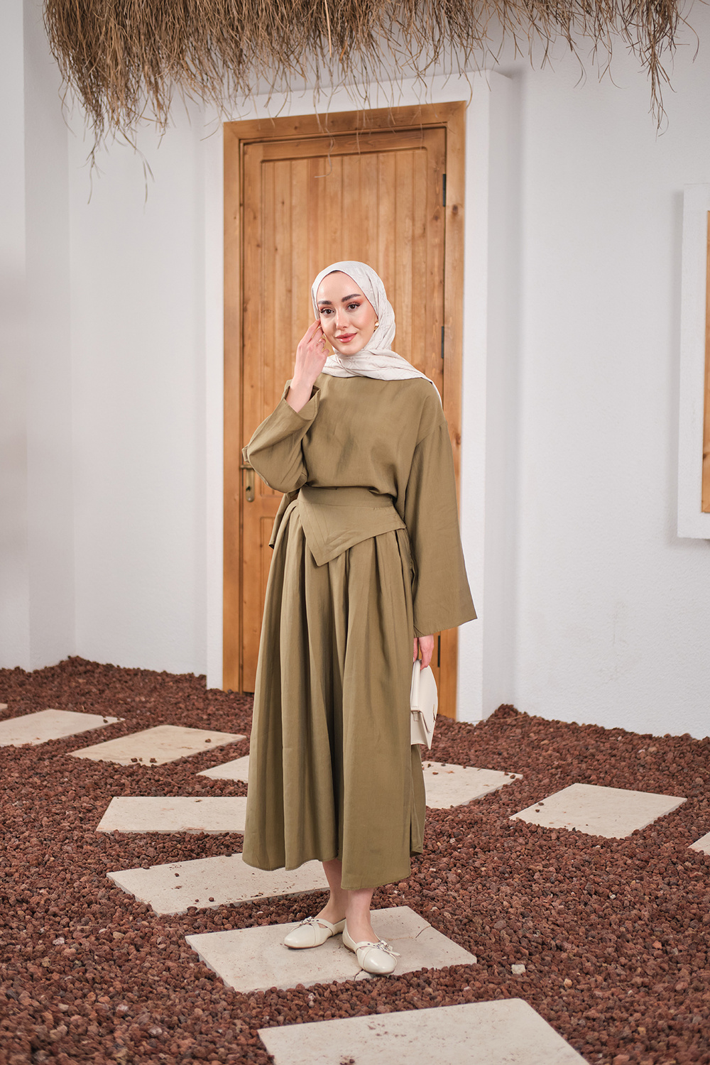 Bisiklet Yaka Beli Kendinden Desenli Takım Yağ Yeşil