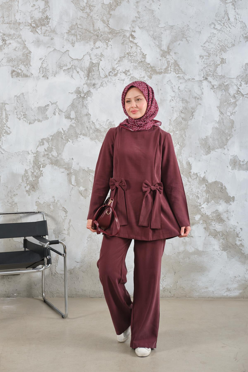 Bisiklet Yaka Kurdele Detay Modal Takım Bordo