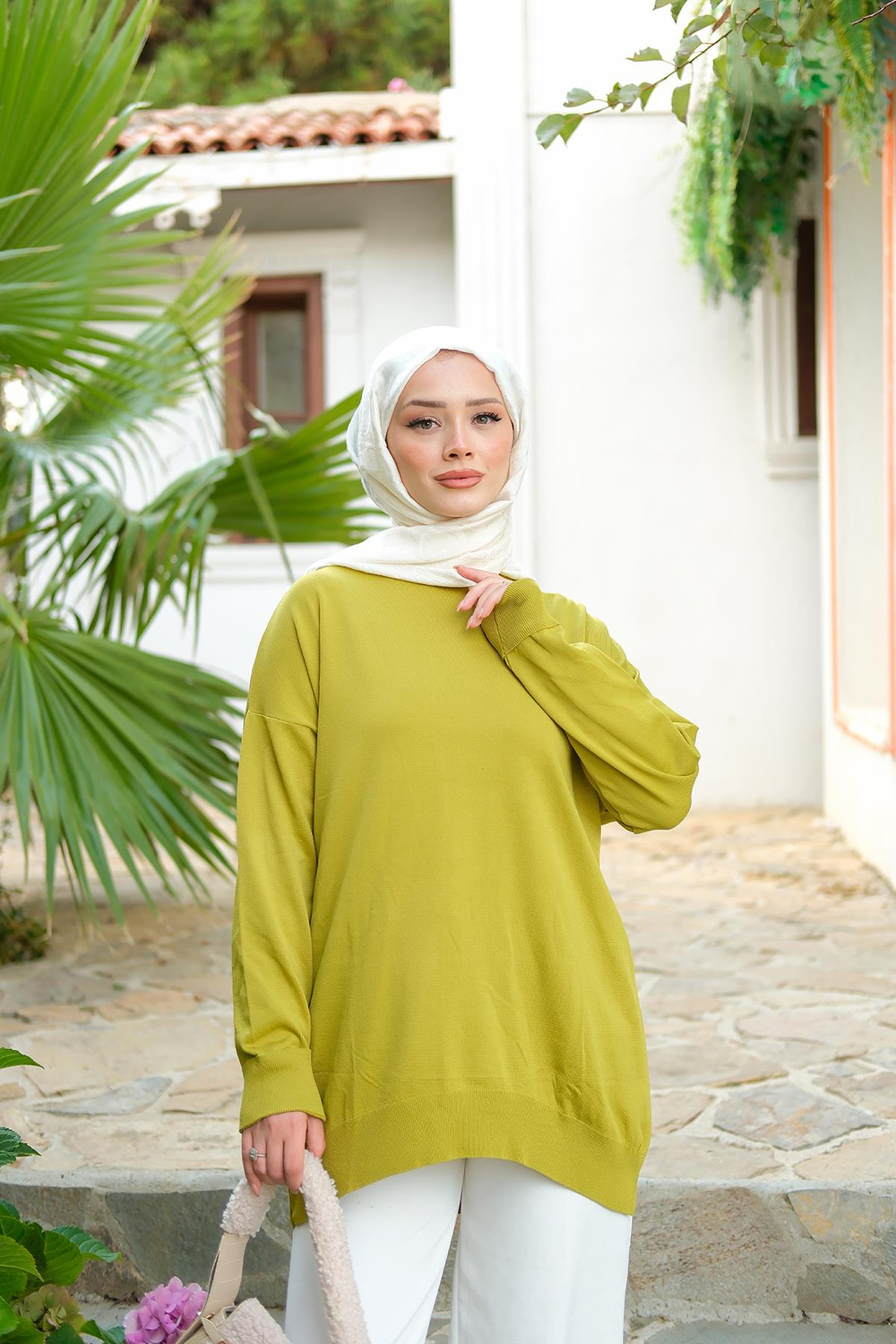 Bisiklet Yaka Oversize Triko Kazak  Yağ Yeşil