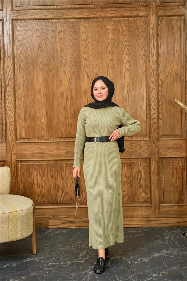 Bisiklet Yaka Triko Elbise Küf Yeşil