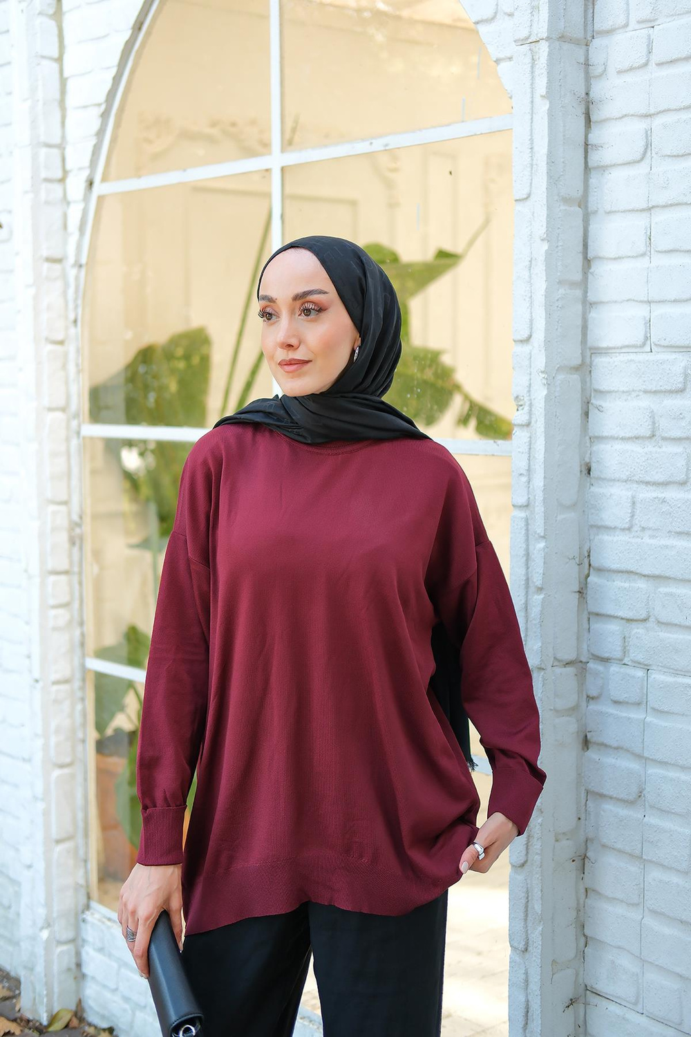 Bisiklet Yaka Triko Kazak Bordo