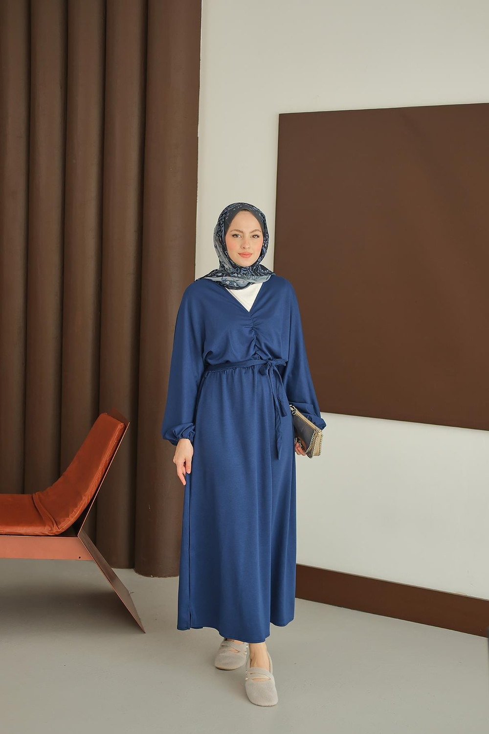 Büzgü Detay Elbise Saks Mavi