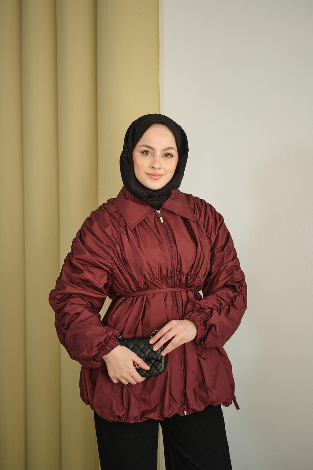 Büzgü Detay Paraşüt Ceket Bordo