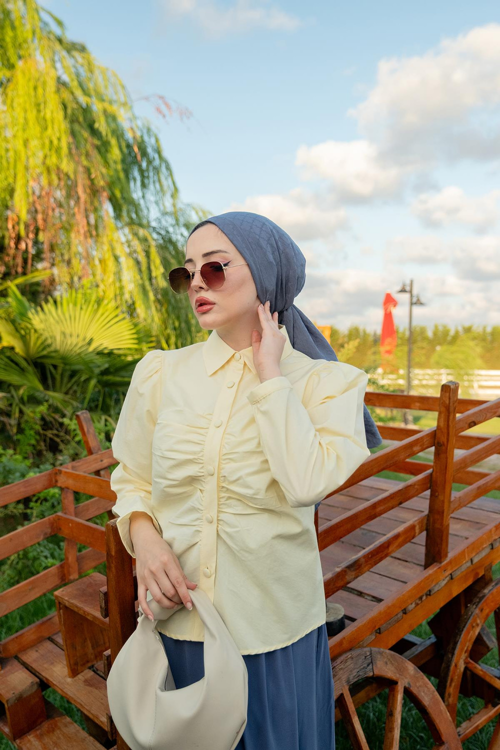 Büzgü Detay Poplin Gömlek Sarı