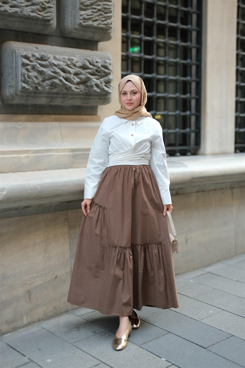 Büzgü Detaylı Etek Kahverengi