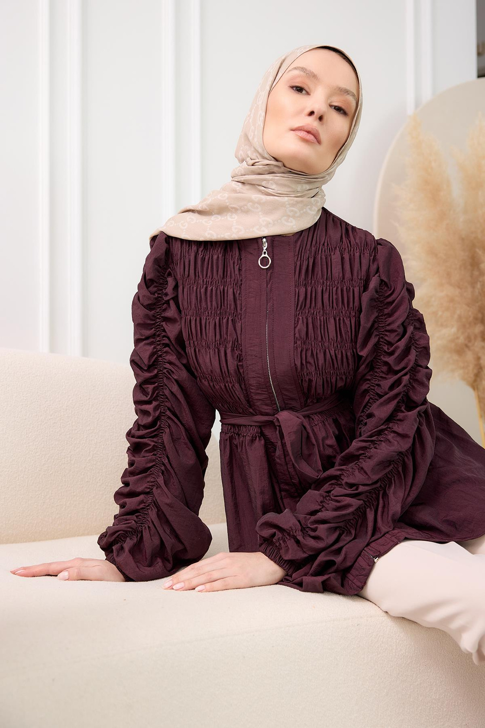 Büzgü Detaylı Fermuarlı Ceket  Bordo