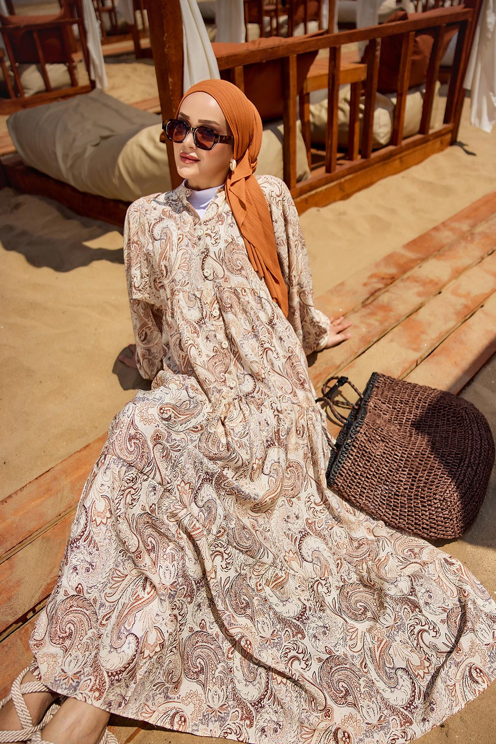 Cassime Desenli Elbise Açık Kahve