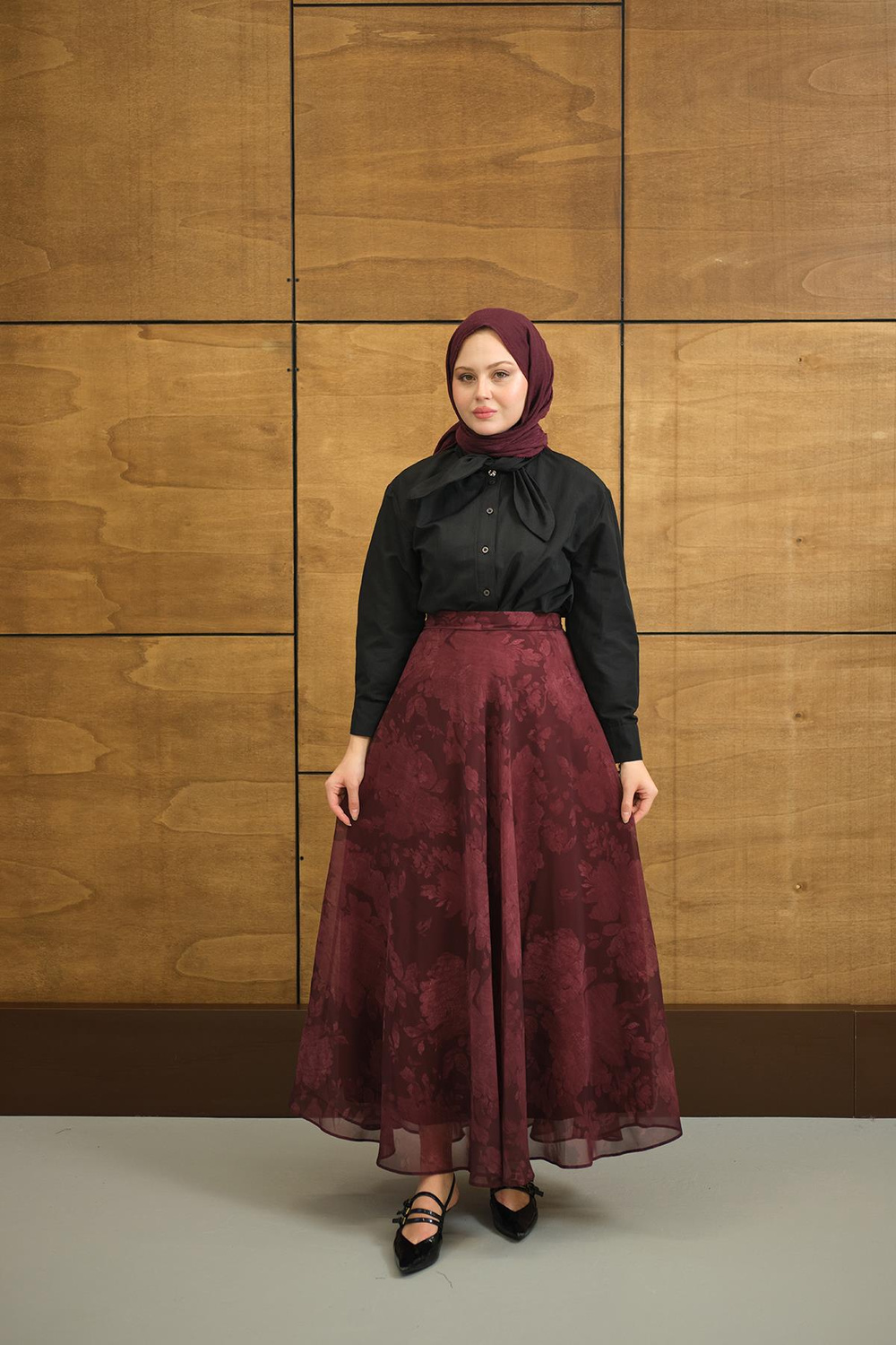 Çiçek Desen Astarlı Şifon Etek Bordo