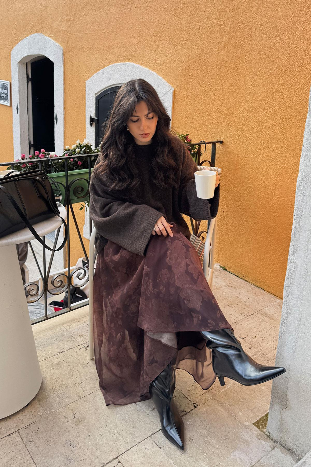 Çiçek Desen Astarlı Şifon Etek Kahverengi