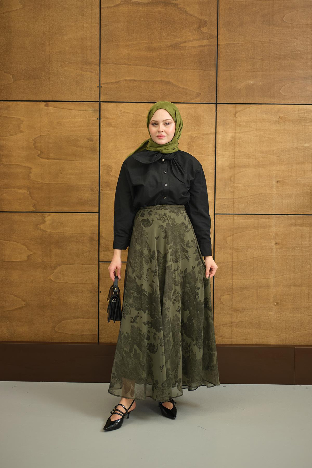 Çiçek Desen Astarlı Şifon Etek Yeşil