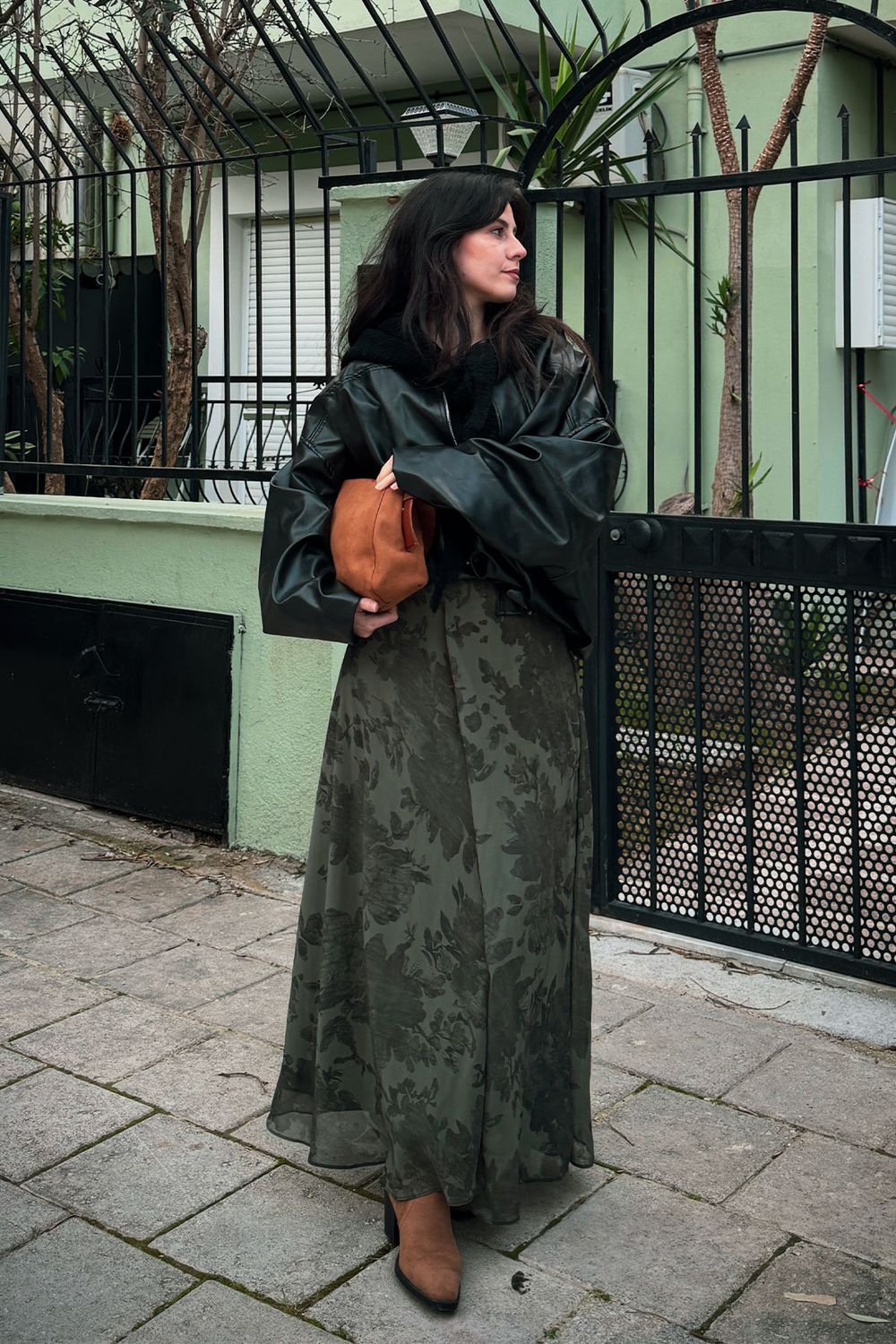 Çiçek Desen Astarlı Şifon Etek Yeşil