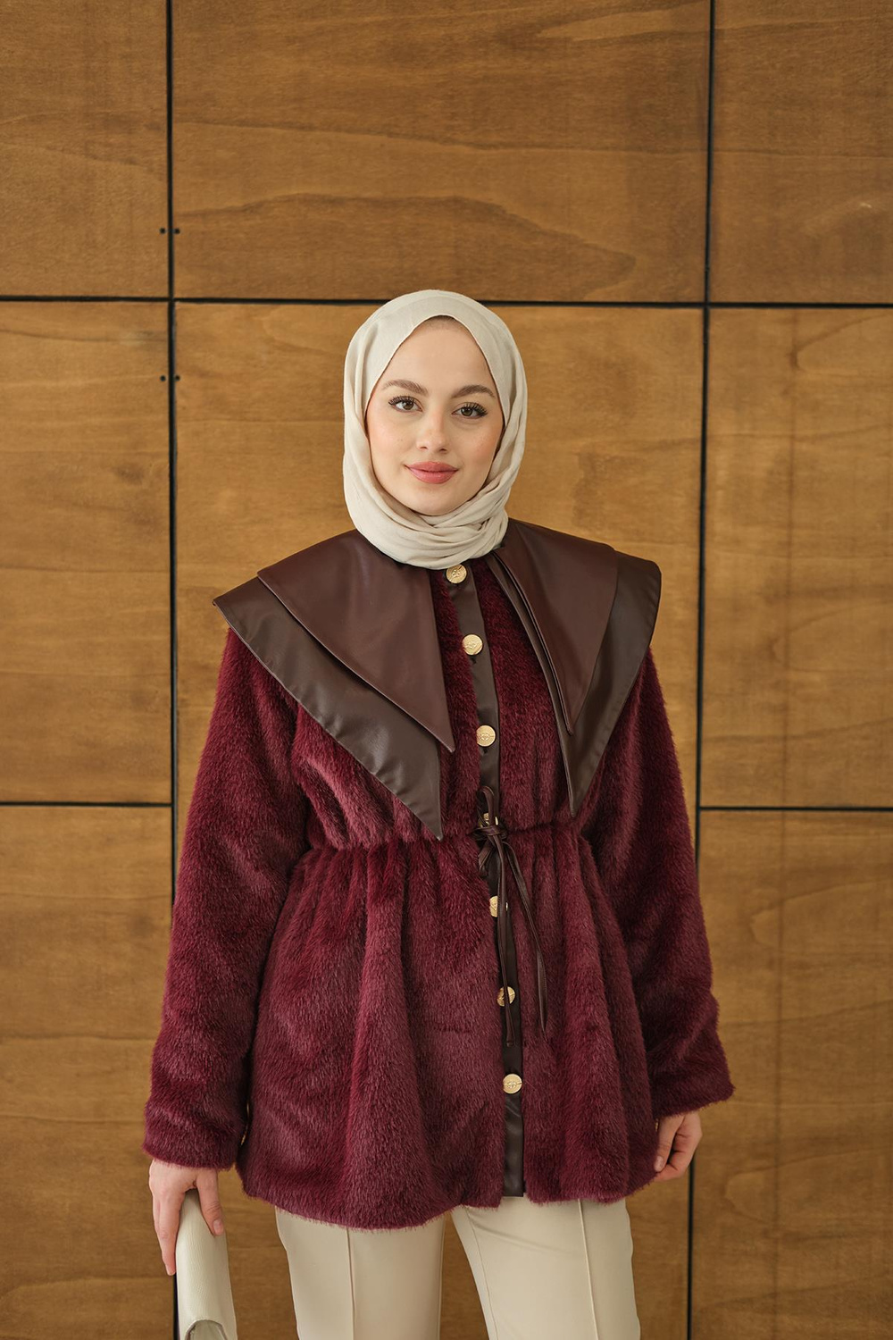 Çift Deri Yaka Peluş Ceket Bordo