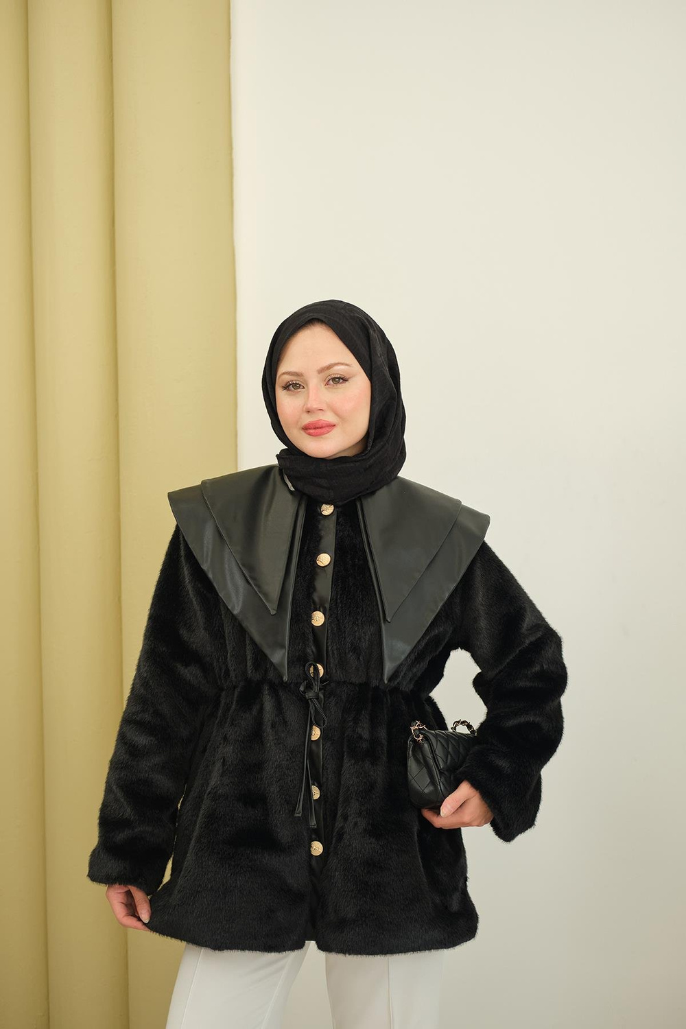 Çift Deri Yaka Peluş Ceket Siyah