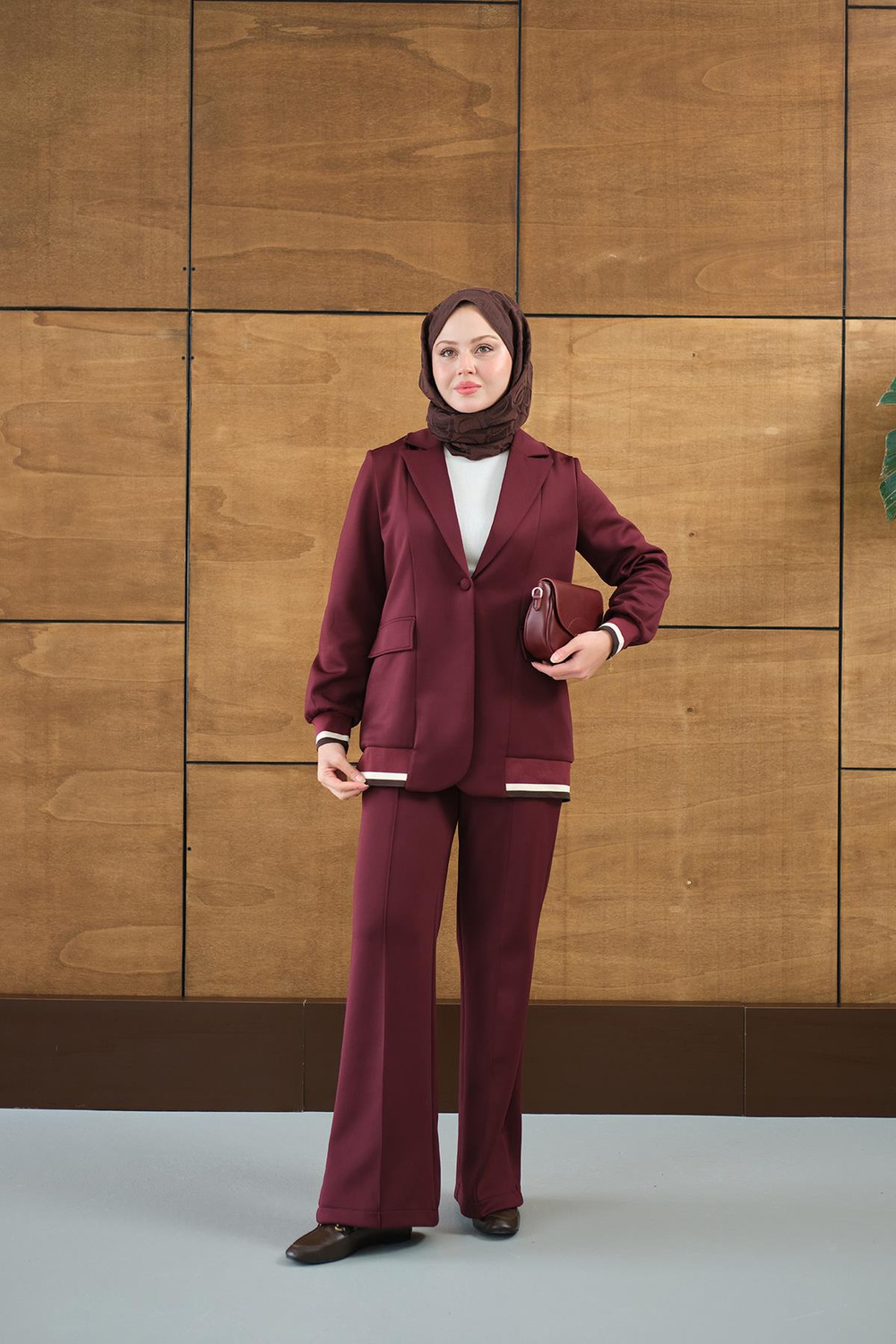 Çizgi Ribanalı Blazer Ceketli Takım Bordo