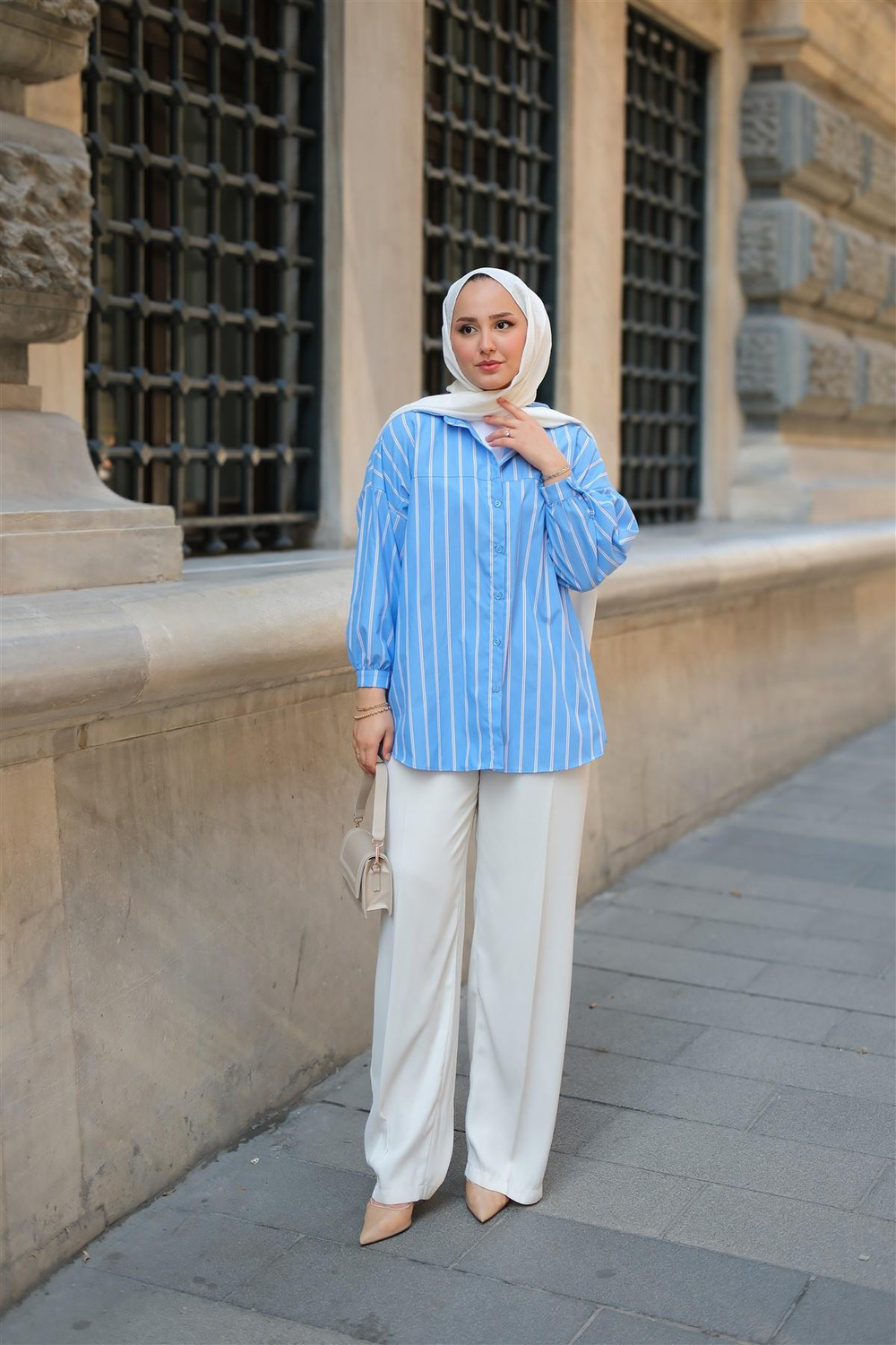 Çizgili Poplin Gömlek Mavi