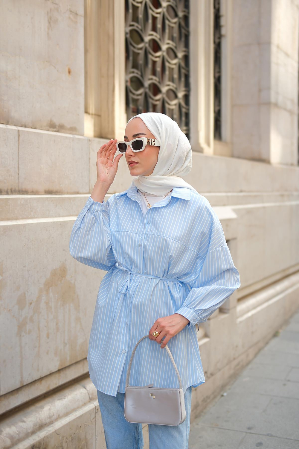 Çizgili Poplin Gömlek Mavi