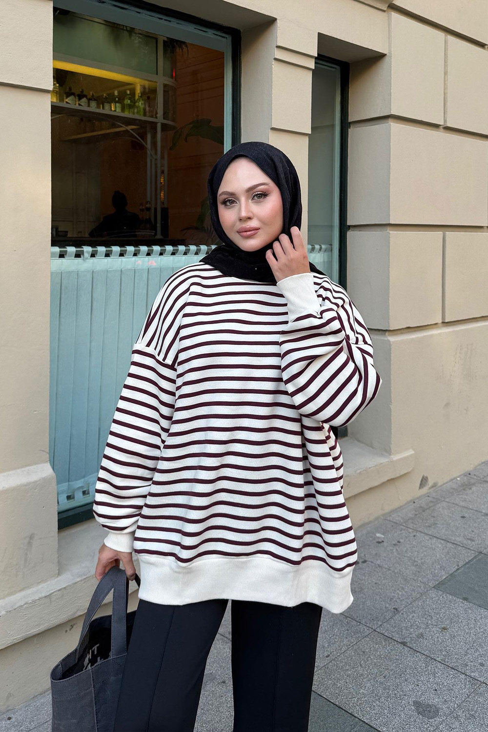 Çizgili Şardonlu Sweat Bordo