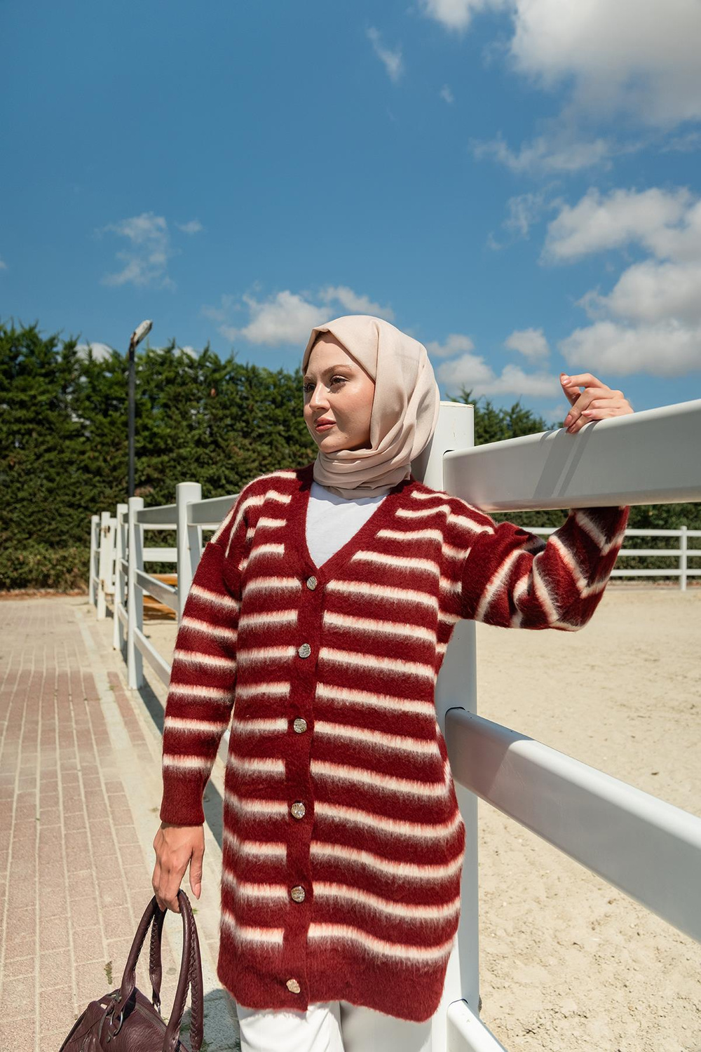 Çizgili Uzun Triko Ceket Bordo