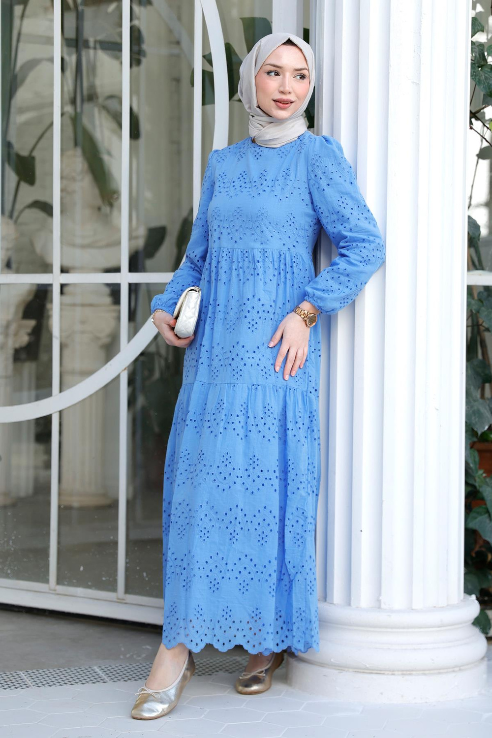 DANTEL DETAYLI ELBISE MAVI