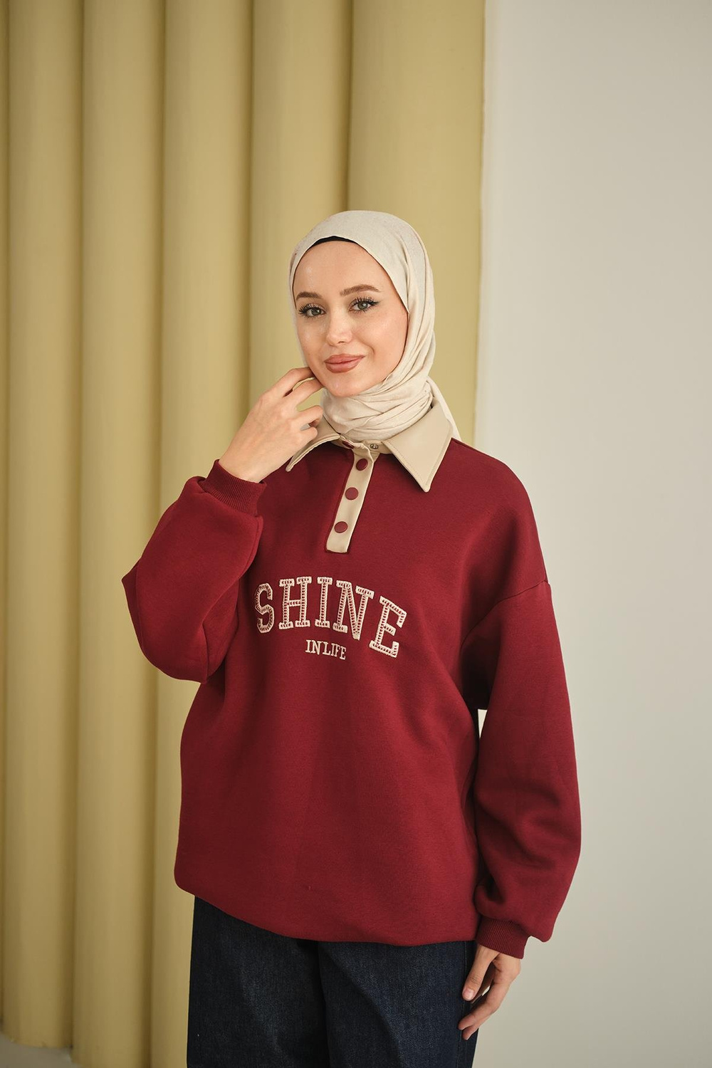 Deri Yaka Nakışlı Sweat Bordo