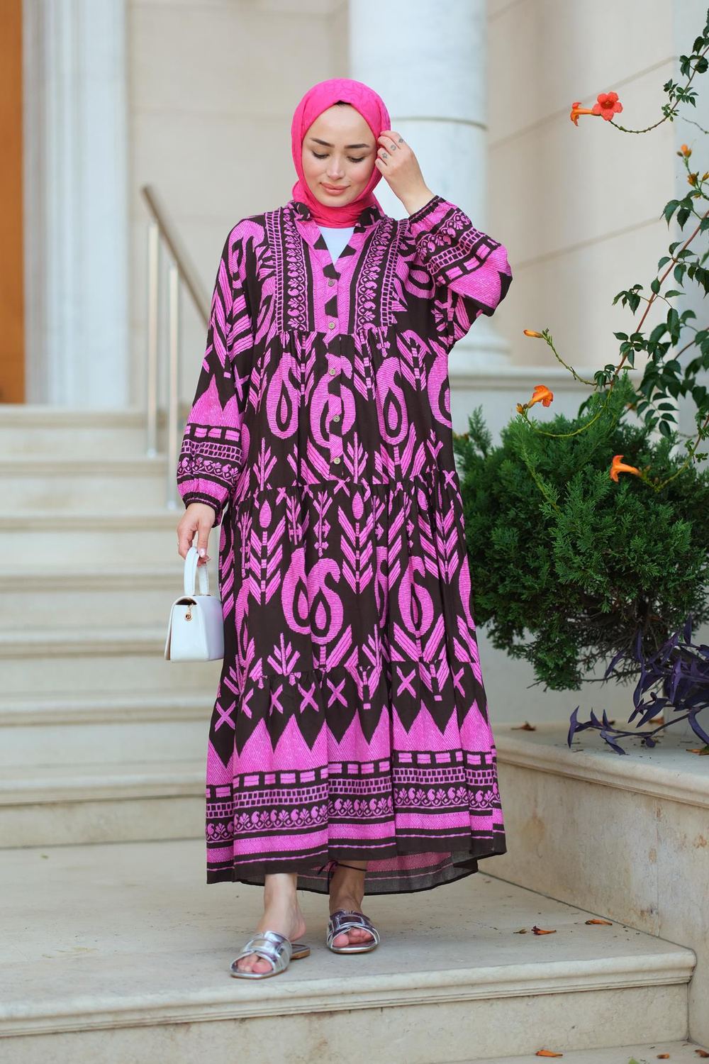 Desenli Elbise Fuşya