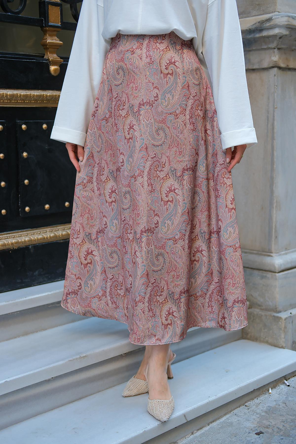 Desenli Saten Etek Kahverengi