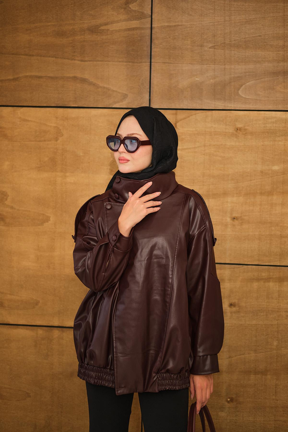 Dik Yaka Deri Ceket Bordo